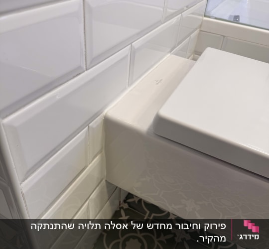 חדר אמבטיה עם אריחים לבנים ורצפה מעוצבת